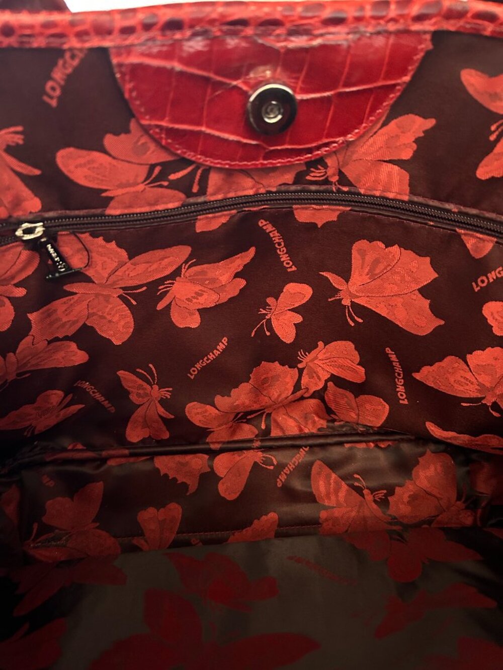 NWOT Longchamp Le Roseau Red Croc Embossed Medium Bag - Picture 6 of 7